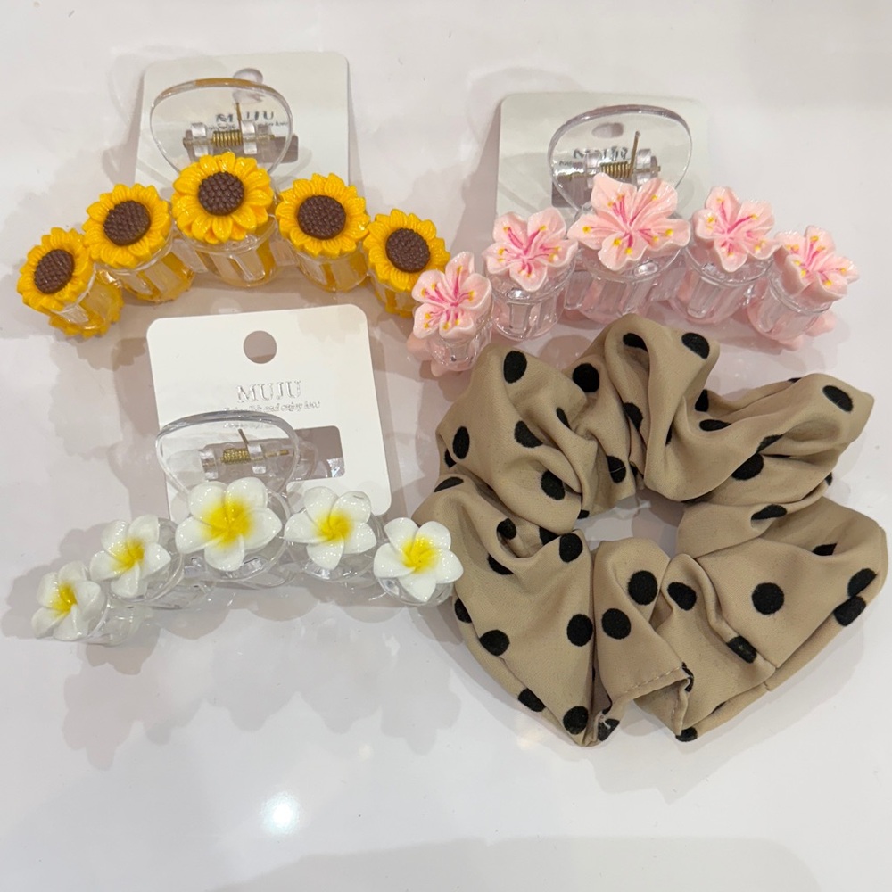 Muji Kids Sunflower and Floral Hair Clip Set - Yellow, Pink, Tan
